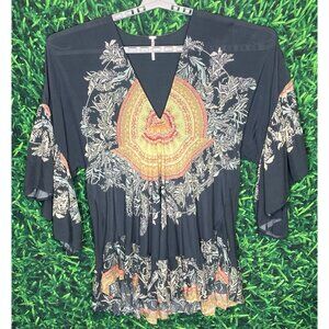 Free People Sunset Dreams Tunic Top Bell Sleeves Hippie Chic Boho V-Neck Small